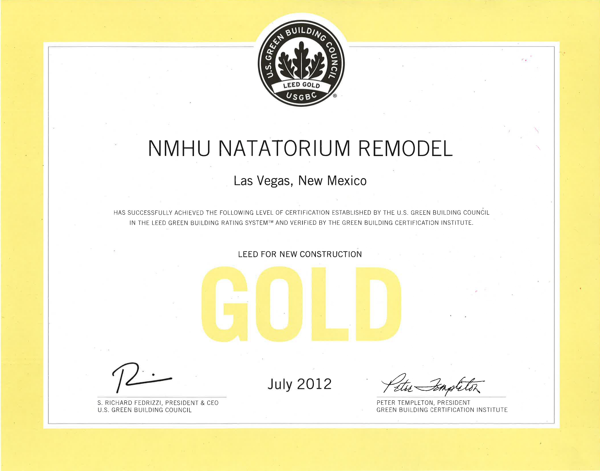 LEED - NMHU Natatorium - Gold Certificate